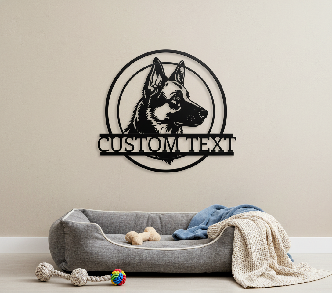 Personalized German Shepherd metal sign with dog name in black steel – image 2