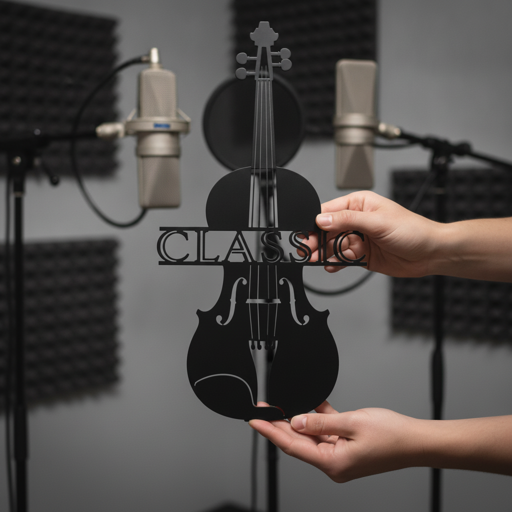 Violin with bow and music staff lines as black steel metal wall art – image 8