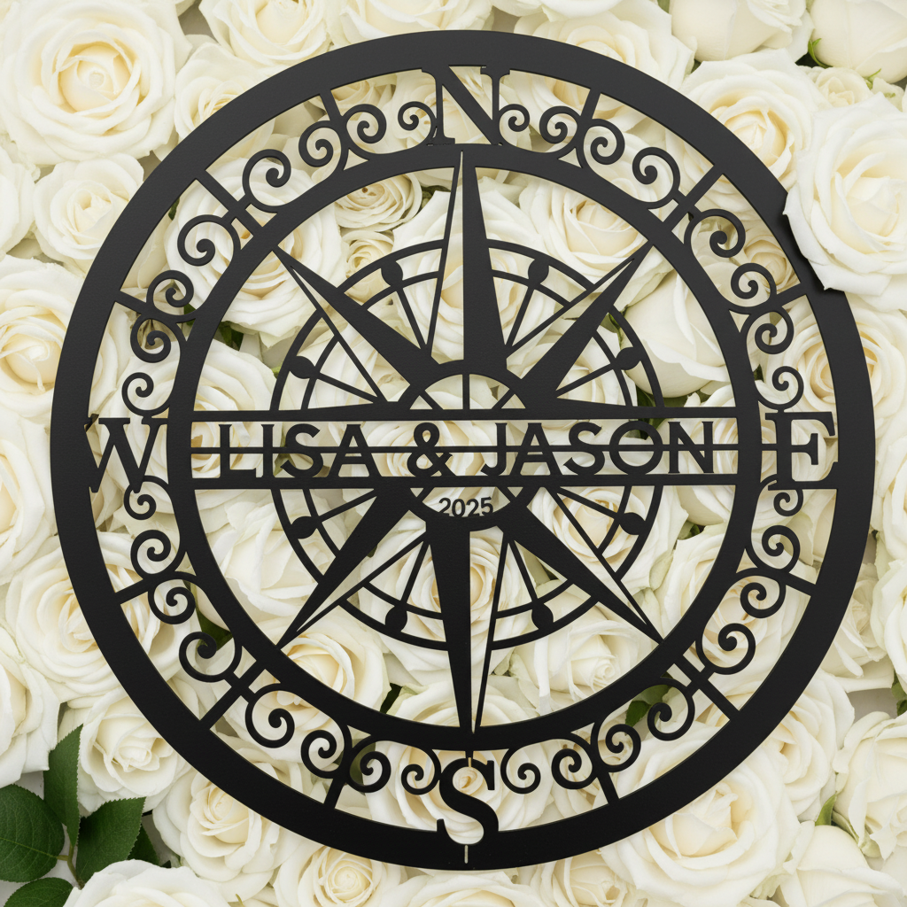 Personalisiertes rundes Kompassrose Metallschild für Paare mit Namen