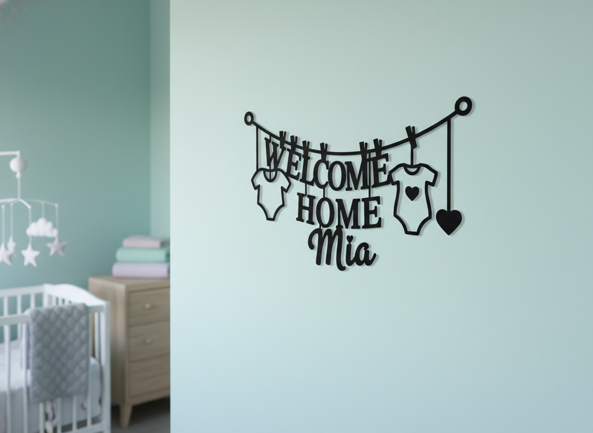 Personalisiertes Babyschild Welcome Home Baby mit Wäscheleine, Namen und Geburtsdaten – Bild 8