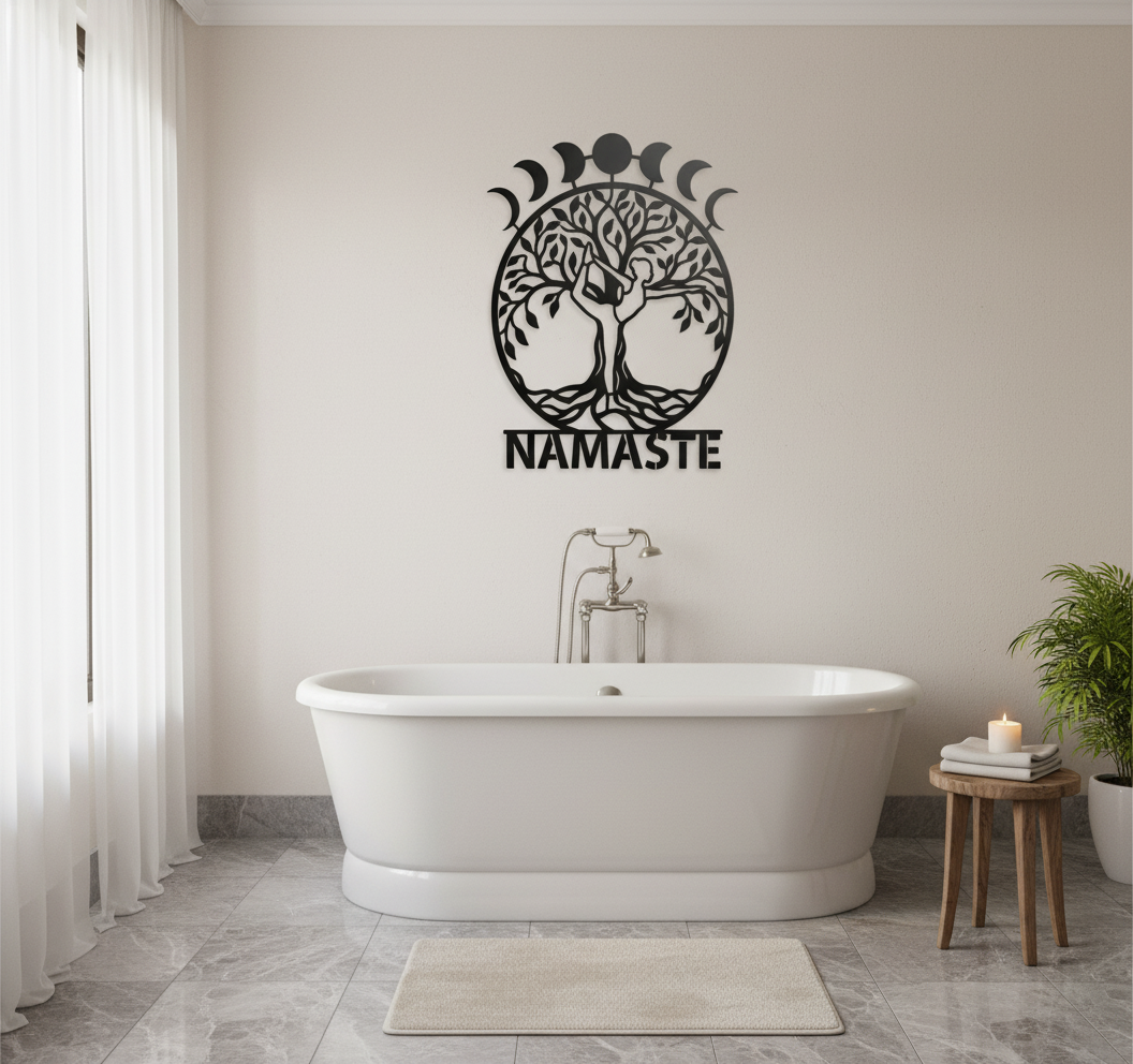 Mondphasen Lebensbaum Yoga Namaste Metall Wanddeko – Bild 1