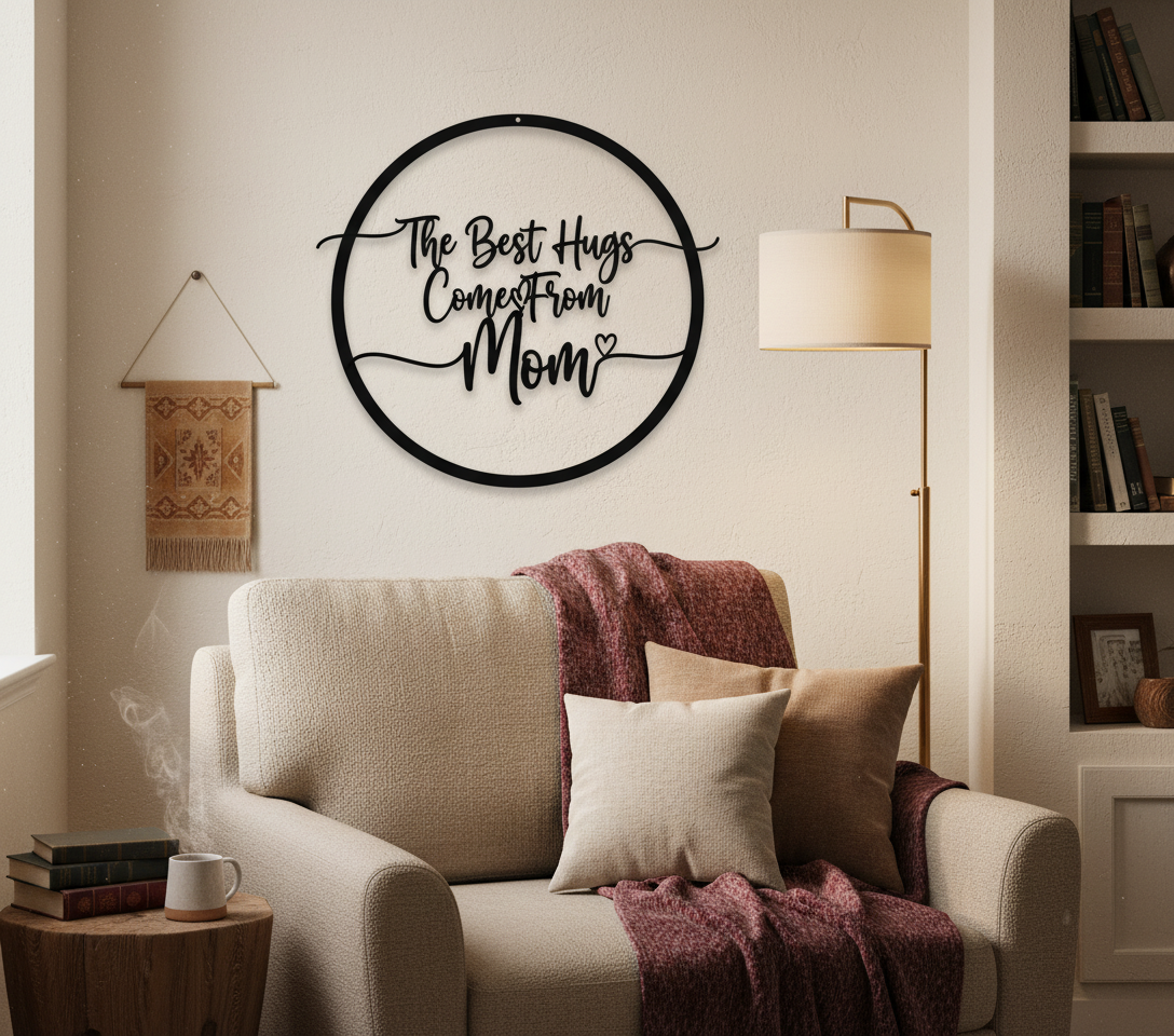 Round metal sign The best hugs come from Mom in black steel – image 6