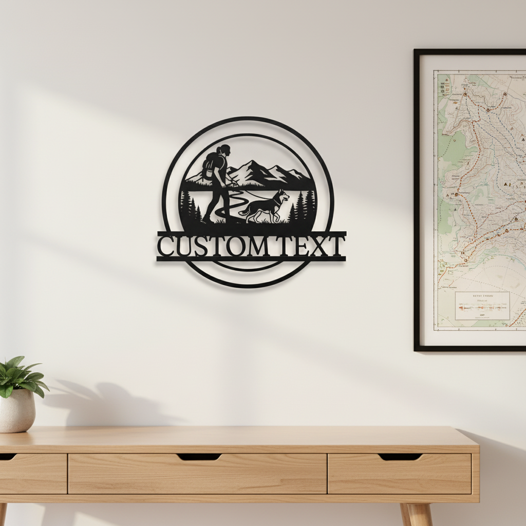 Personalized hiking dog metal sign with dog name in black steel – image 4