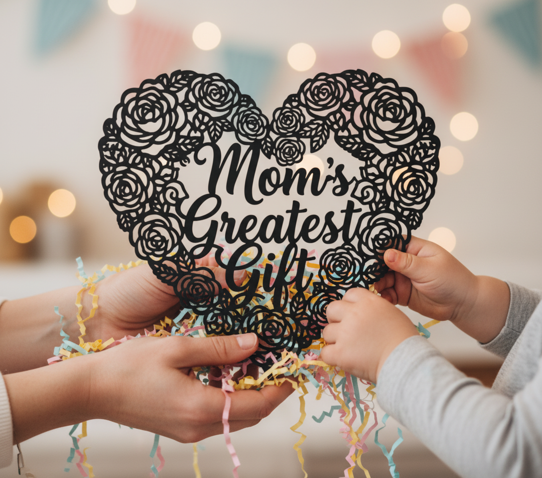 Mom’s Greatest Gift metal sign with rose inside a heart in black steel – image 7