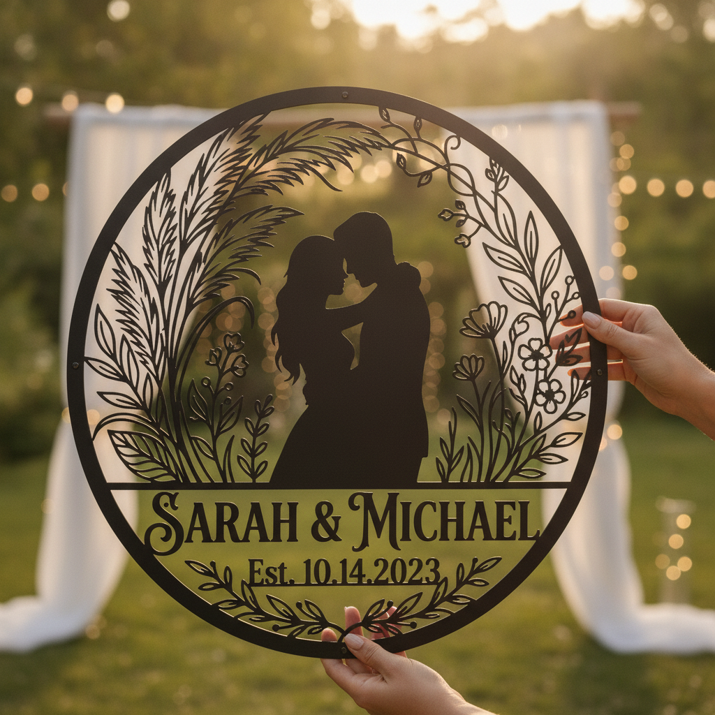 Personalisiertes Hochzeitspaar Metallschild Just Married mit Namen und Datum – Bild 2