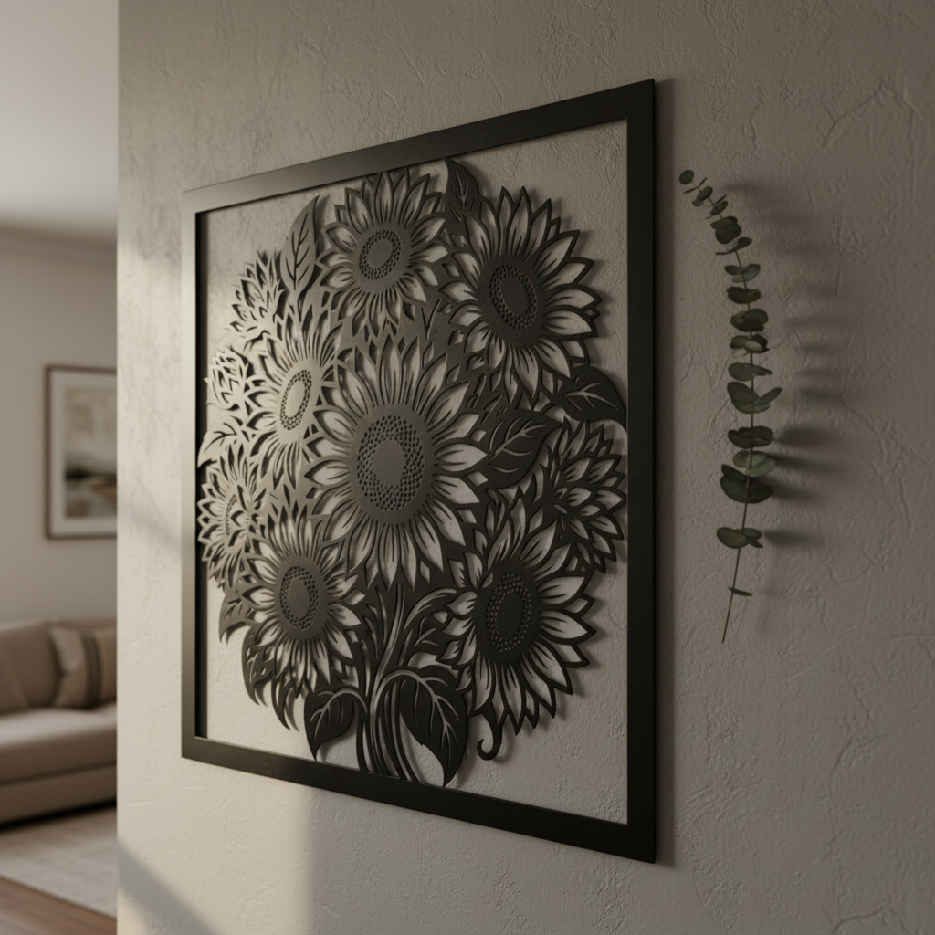 Quadratische Sonnenblumen Wanddeko aus Metall mit Sonnenblumenstrauß aus schwarzem Stahl – Bild 10