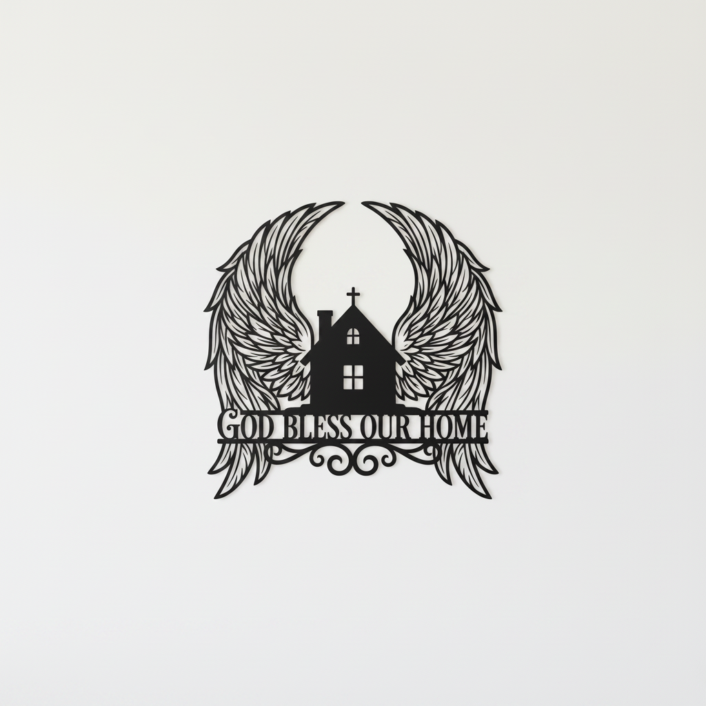 Personalized God Bless Our Home metal sign with angel wings in black steel – image 10