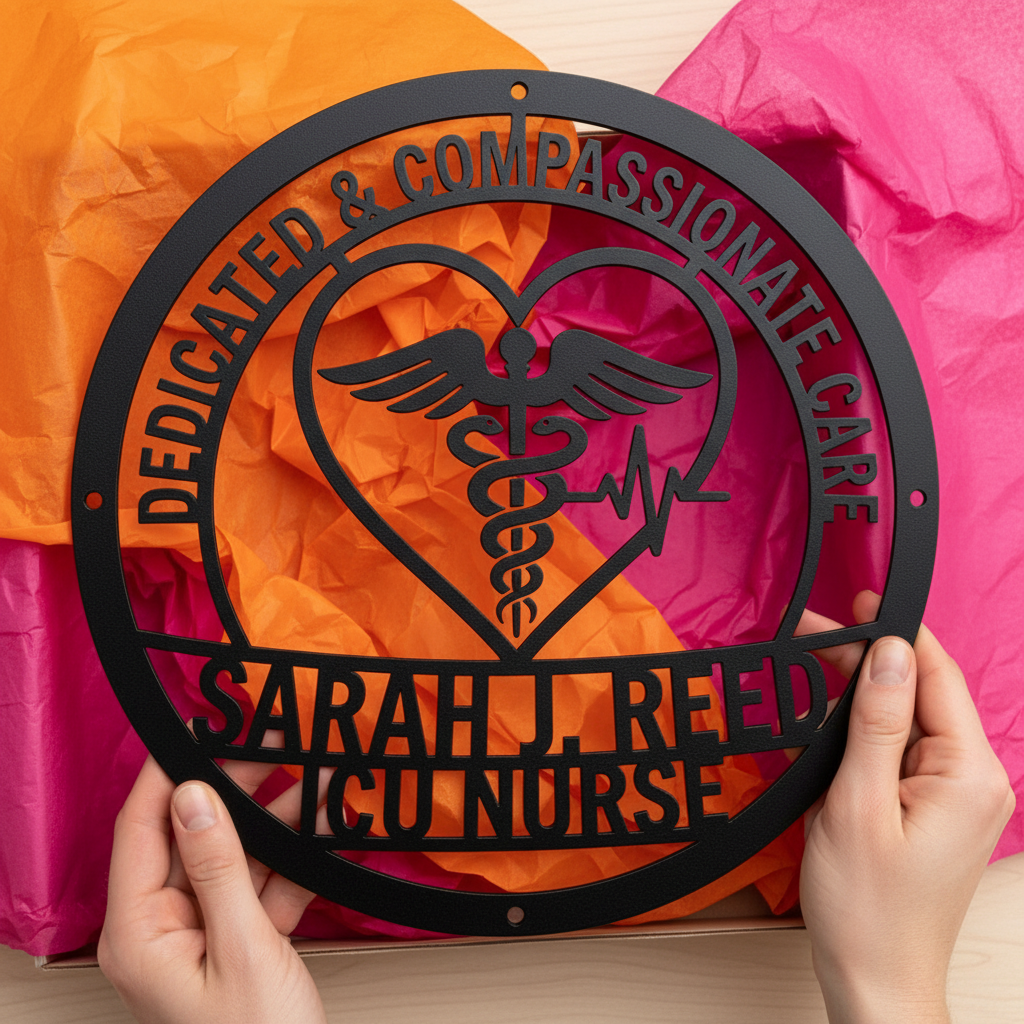 Personalized Compassionate Care nurse sign with caduceus and name in black steel – image 8