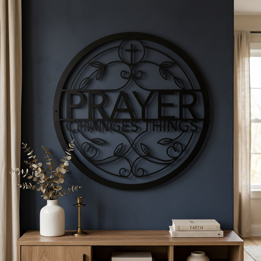 Personalized round Prayer Changes Things metal sign in black steel – image 6