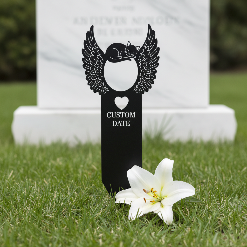 Personalized cat memorial garden stake with sleeping cat and angel wings in black steel – image 2