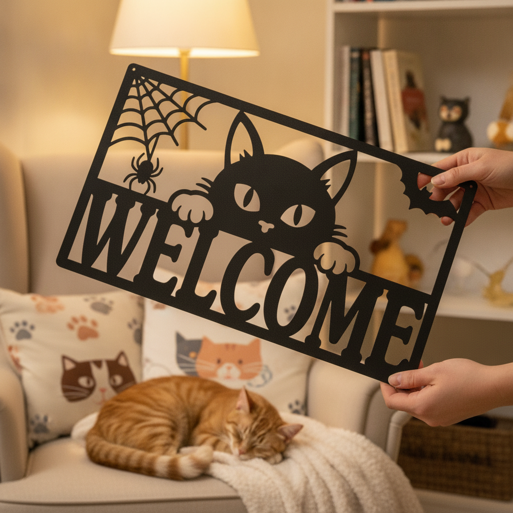 Halloween Willkommensschild mit schwarzer Katze aus schwarzem Stahl – Bild 7