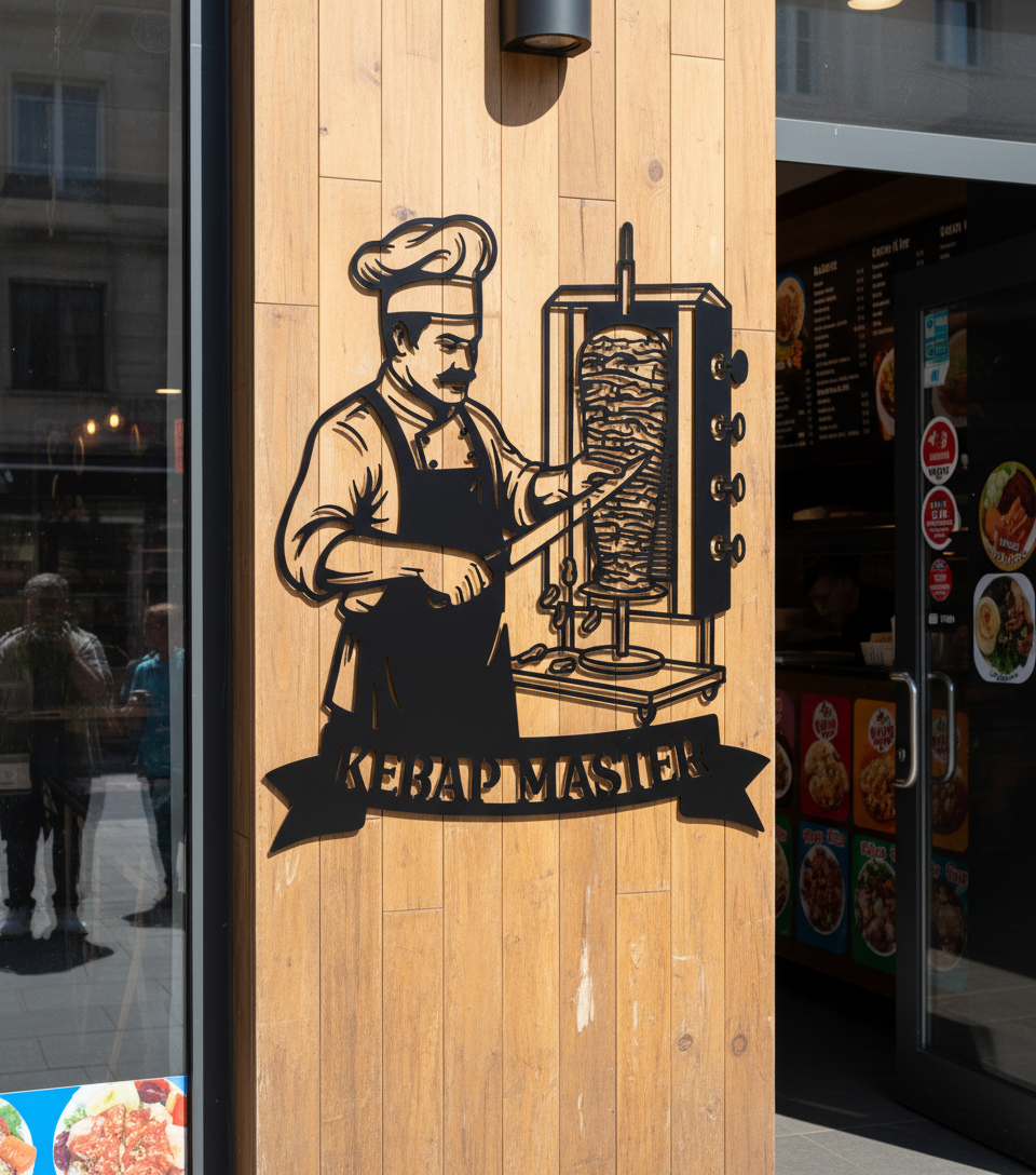 Döner Metallschild Kebap Master mit Koch und Dönerspieß aus schwarzem Stahl – Bild 8