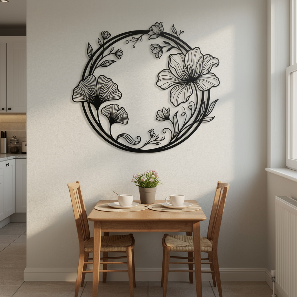 Round ginkgo leaf and flower wreath metal wall art in black steel – image 2