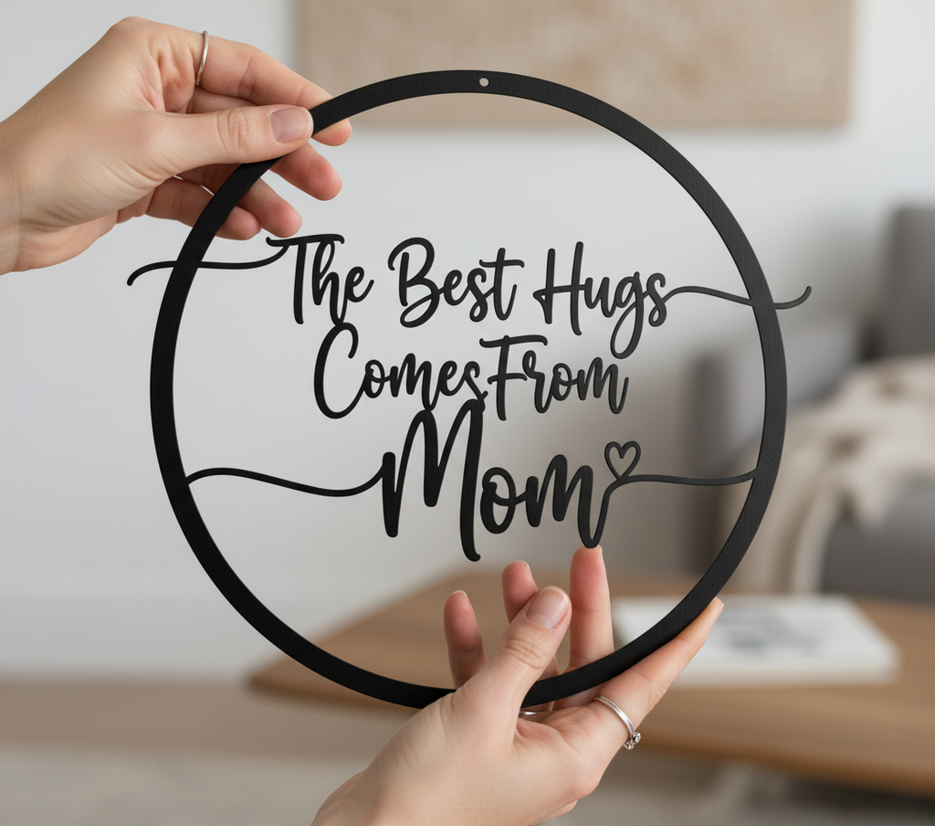 Round metal sign The best hugs come from Mom in black steel – image 4