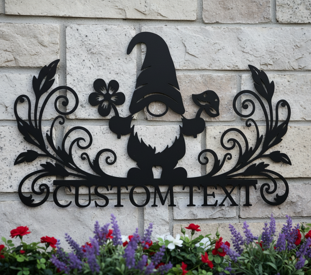 Personalized garden gnome metal sign with flowers, mushroom and name in black steel – image 2