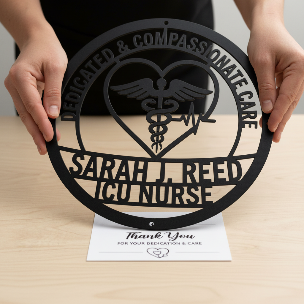 Personalized Compassionate Care nurse sign with caduceus and name in black steel – image 9