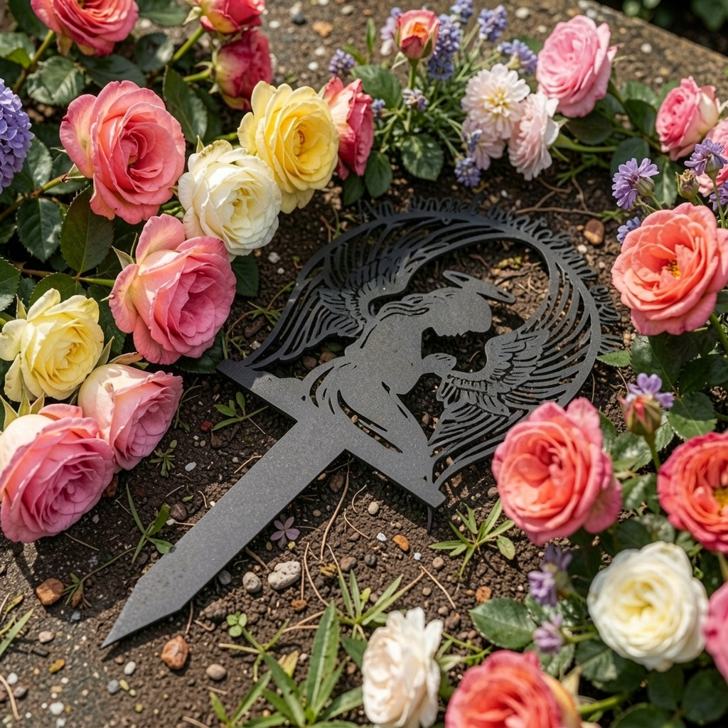 Guardian angel memorial stake with spread wings, An Angel Watching Over Us, black steel – image 3