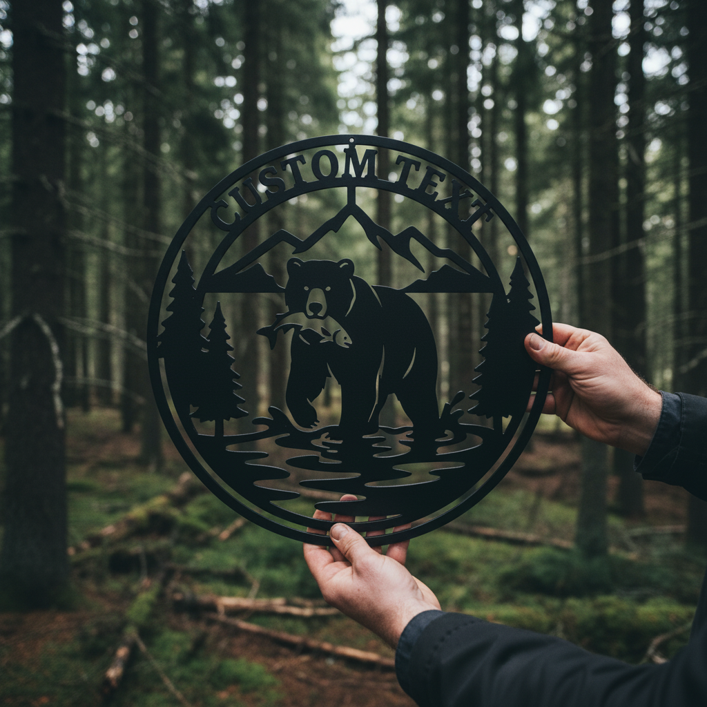 Personalisiertes Grizzlybär fängt Lachs Metallschild rund – Bild 5