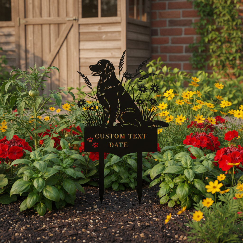Personalized golden retriever memorial garden stake with name and dates in black steel – image 9