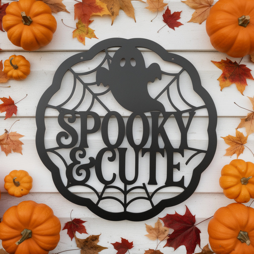 Round Halloween metal sign with cute ghost and spider web in black steel – image 3