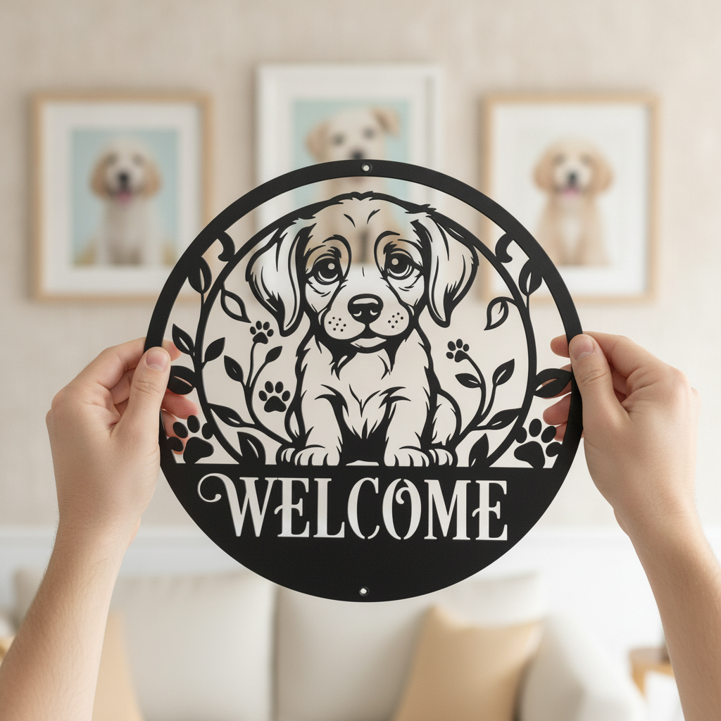 Round puppy welcome sign with paw prints in black steel – image 10