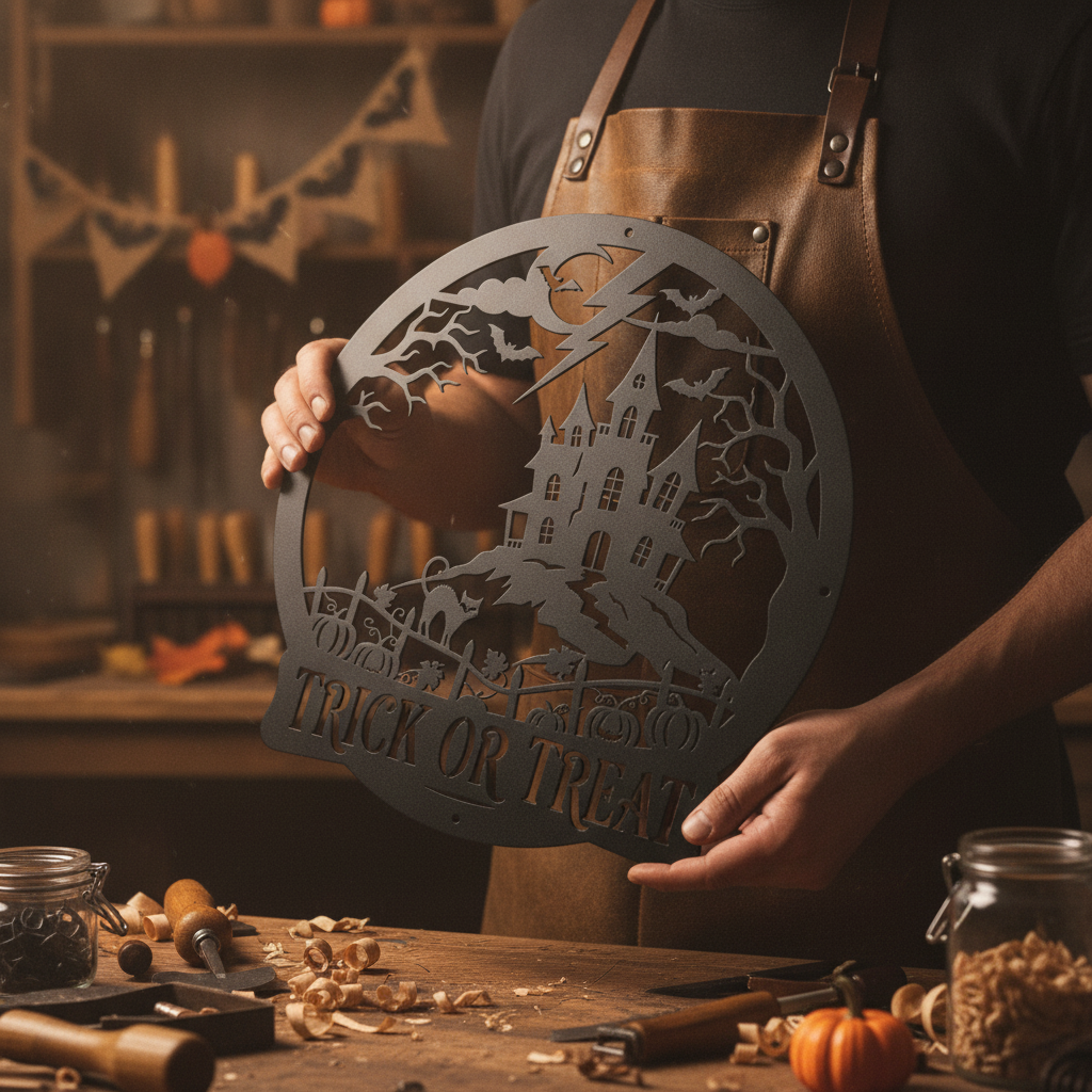 Halloween Spukhaus mit Fledermäusen Trick or Treat Metallschild rund – Bild 6