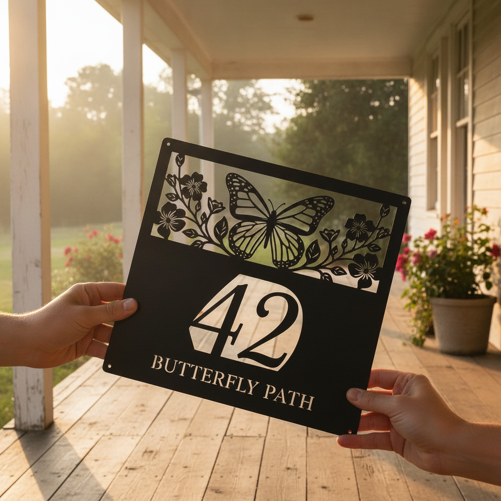 Personalized butterfly house number sign with flowers in black steel – image 7