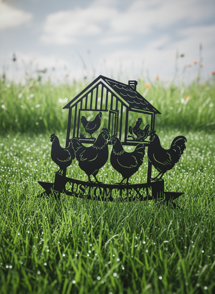 Personalisierter Hühnerstall Gartenstecker mit Hennen und Hahn – Bild 1