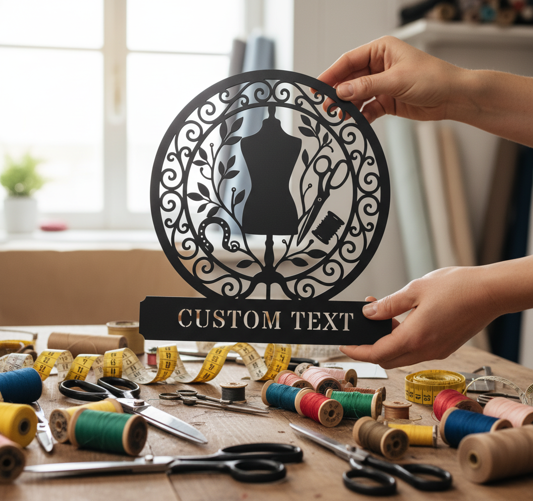 Personalized round sewing room metal sign with dress form, scissors, thread and name – image 6