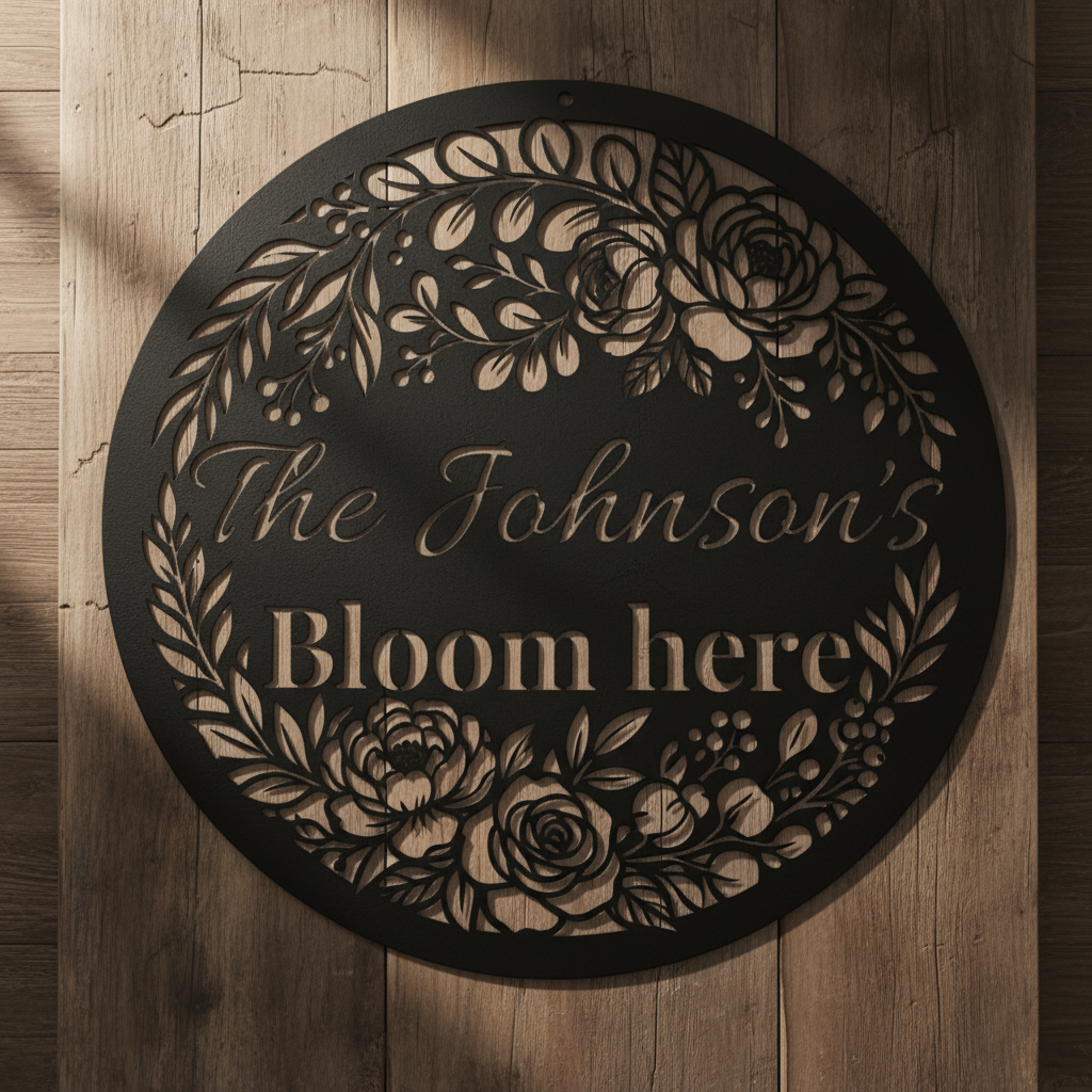 Personalisiertes Familienschild Bloom Here mit Blumen aus rundem schwarzem Stahl – Bild 2