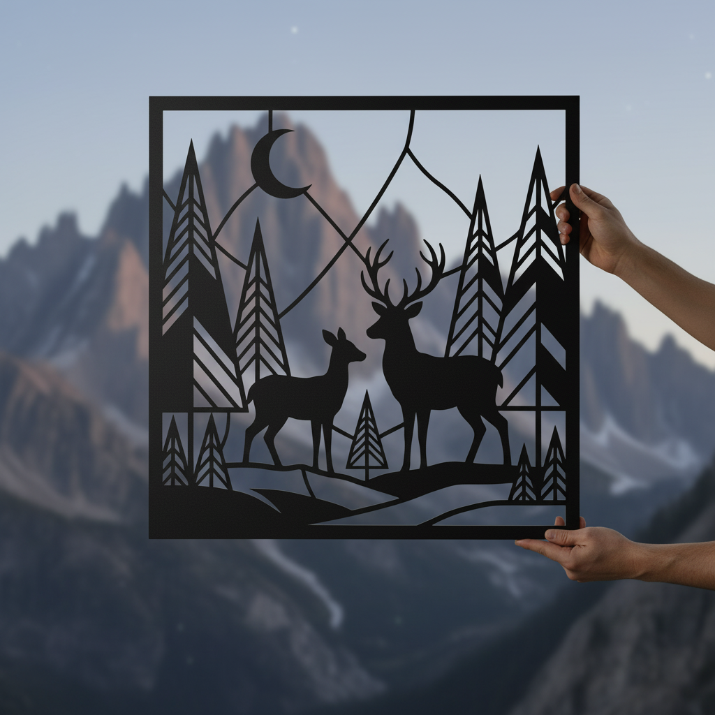 Personalized deer family name sign with forest and mountains in black steel – image 7