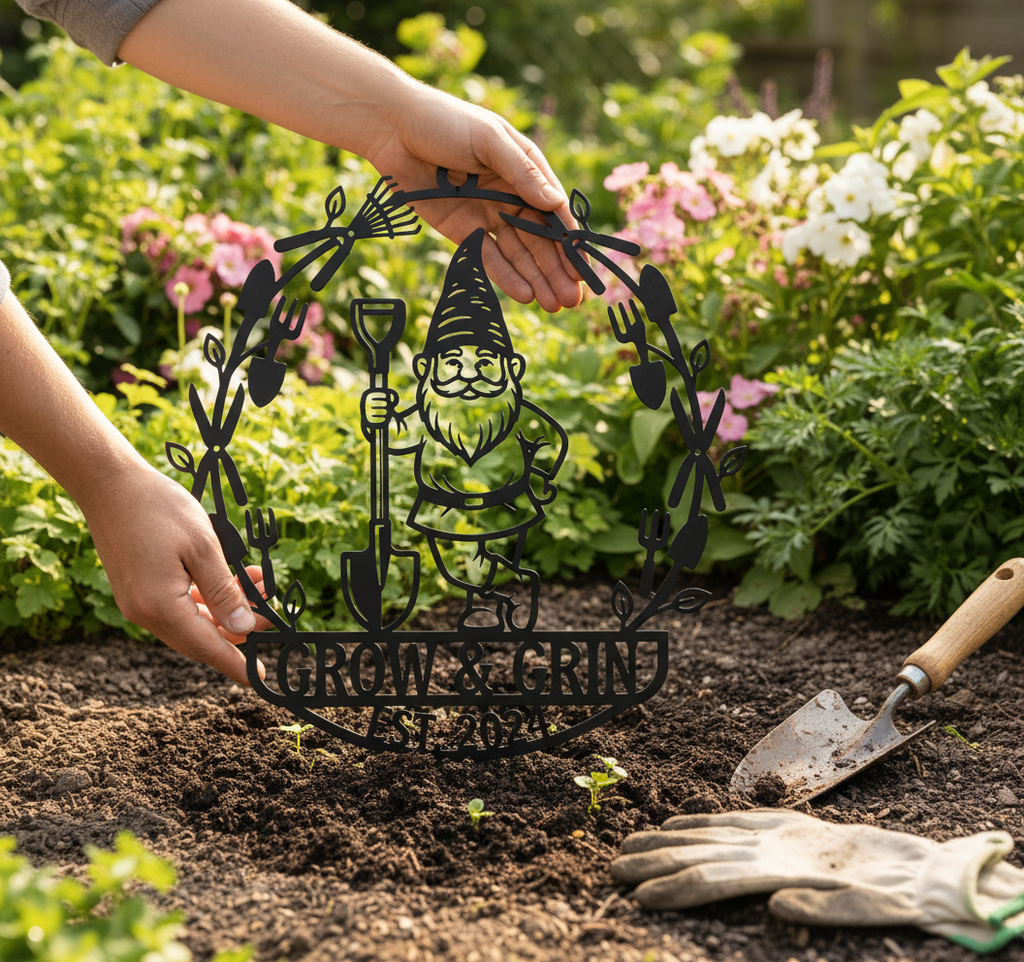 Personalisiertes Gartenschild mit Gartenzwerg und Schaufel im Blätterkranz aus schwarzem Stahl – Bild 5