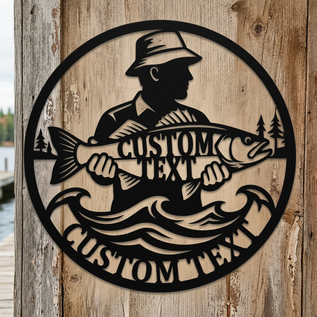 Personalisiertes Angler Metallschild mit Angelmotiv und Namen aus schwarzem Stahl