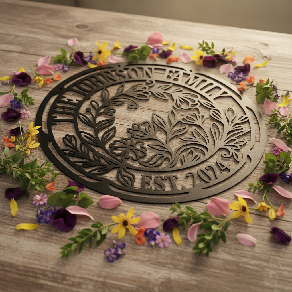 Personalisiertes rundes Familienschild mit Blumenkranz aus schwarzem Stahl – Bild 9