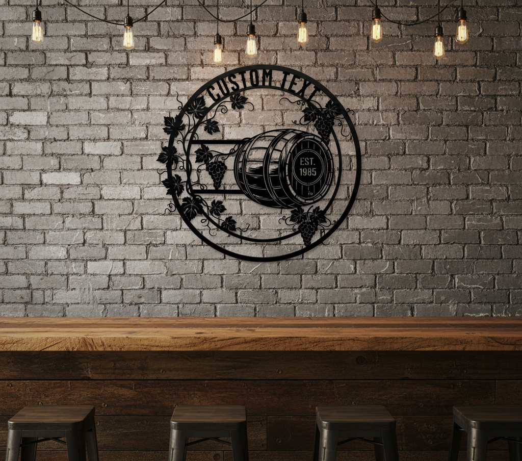 Personalized round wine barrel metal sign with grapevines, name and year – image 9