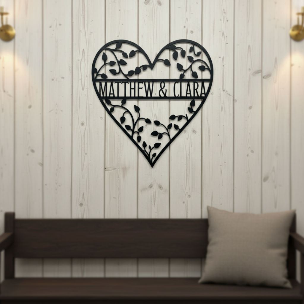 Personalized heart metal sign with leafy vines and couple names in black steel – image 5