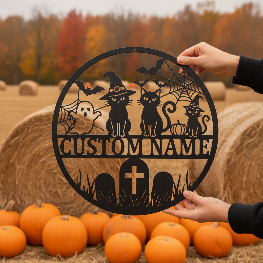 Personalisiertes Halloween Katzenschild mit Namen aus schwarzem Stahl – Bild 4