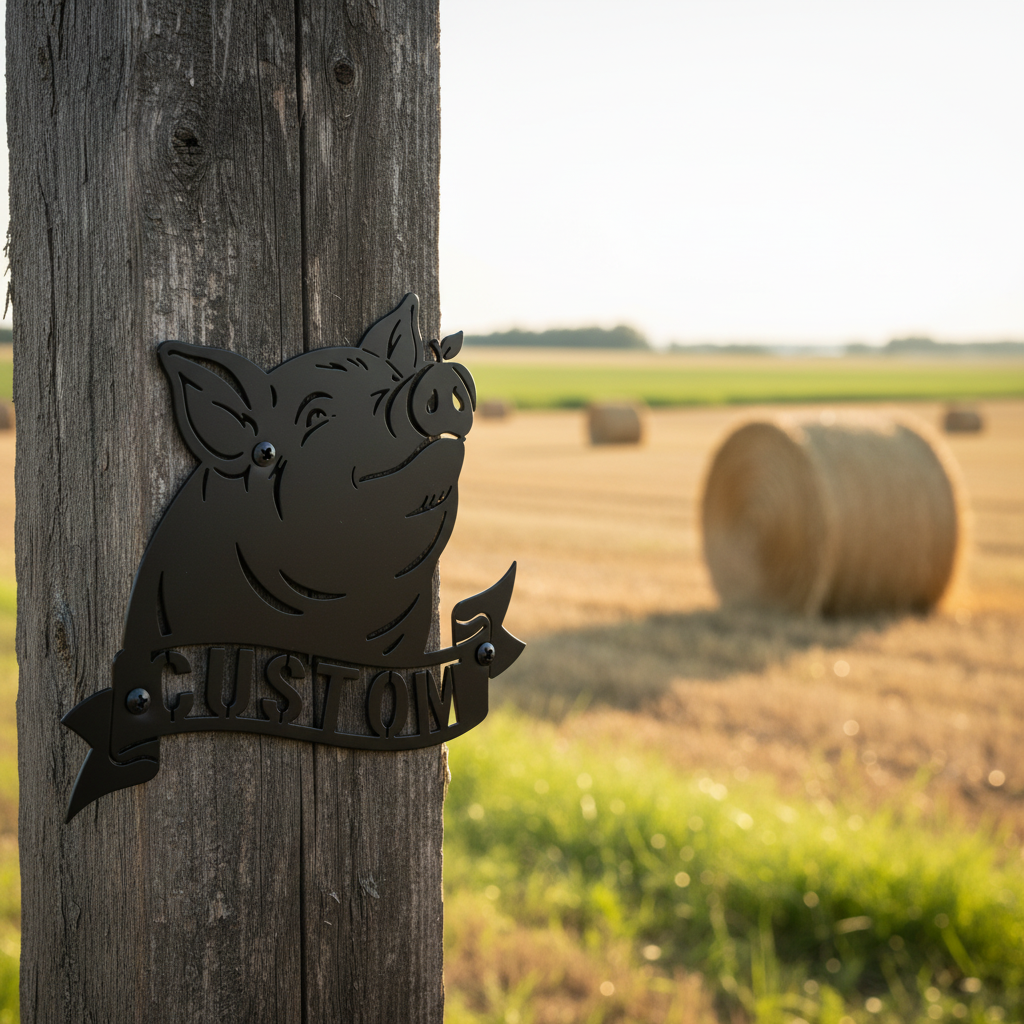 Personalisiertes Schweinekopf Metallschild mit Apfel und Namensband aus schwarzem Stahl – Bild 10