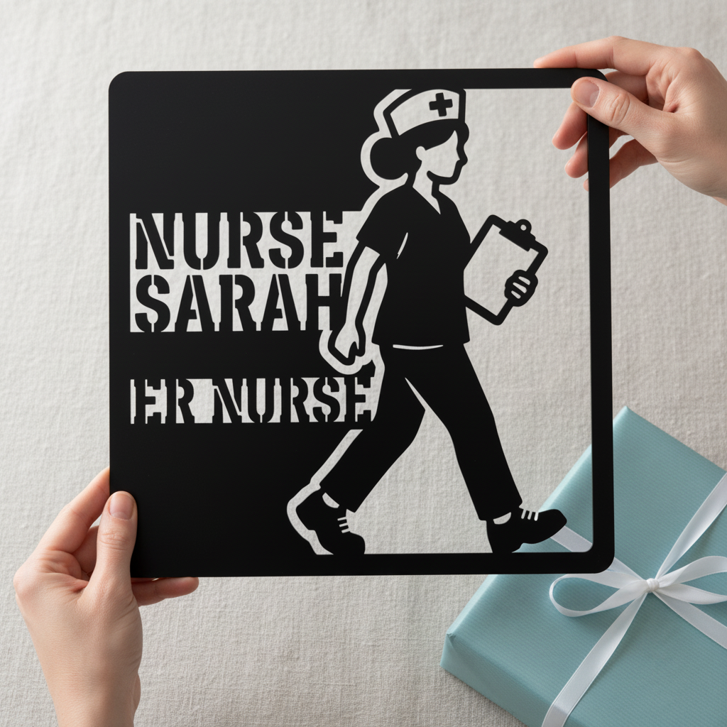Personalized square nurse metal sign with clipboard, stethoscope and name in black steel – image 6