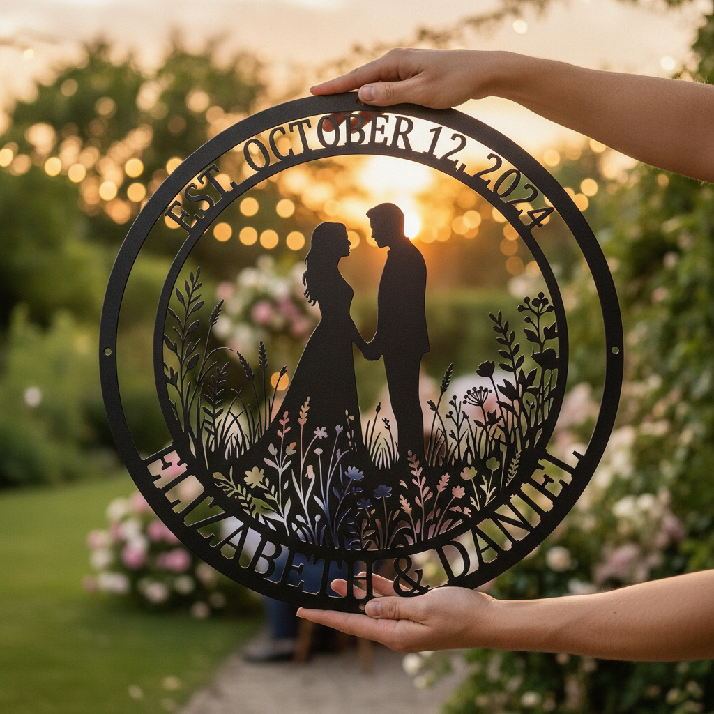 Personalized wedding metal sign with couple names and wedding date in black steel – image 8