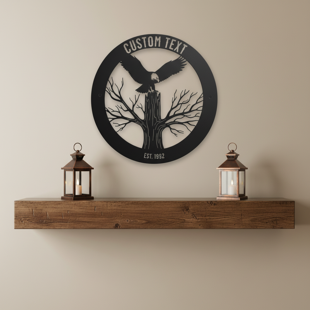 Personalisiertes rundes Familienschild mit Adler, Baum und Jahr aus schwarzem Stahl – Bild 10