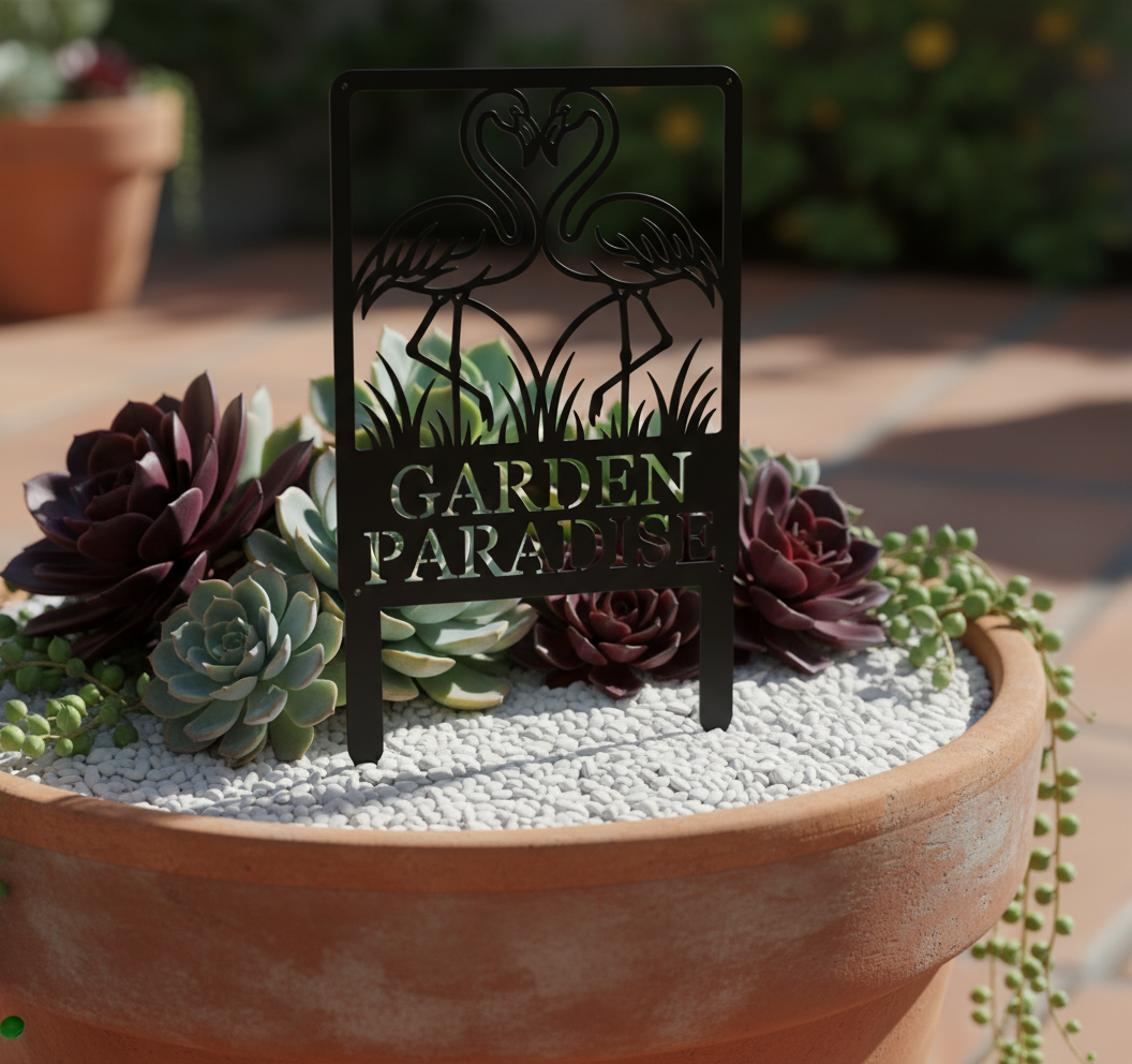 Personalized flamingo couple garden stake with name in black steel – image 9