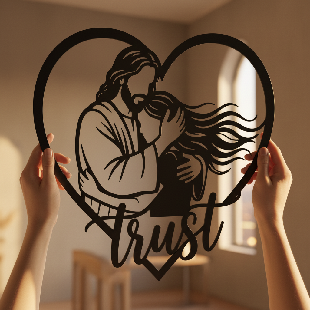 Personalisiertes Herz Metallschild „Trust in Jesus“ mit Namen aus Stahl – Bild 9