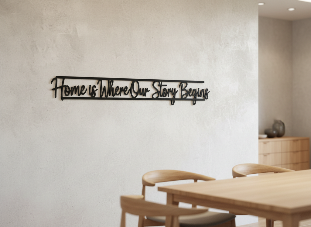 Home is where our story begins metal word art quote in black steel – image 4