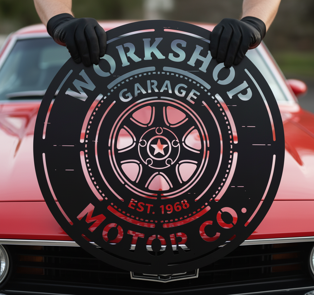 Personalized round Motor Co. garage sign with wheel rim in black steel – image 9