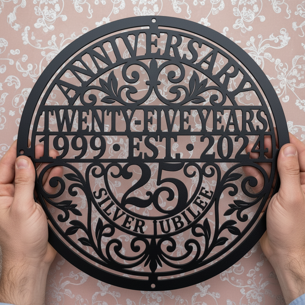 Personalized round 25th anniversary metal sign with names and date – image 5