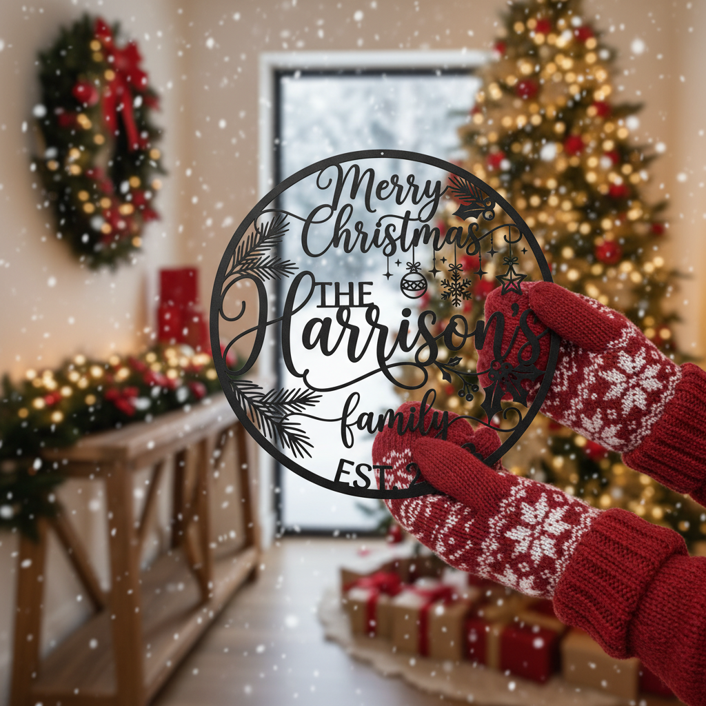 Personalisiertes Familienschild Merry Christmas mit Familienname aus schwarzem Stahl – Bild 6