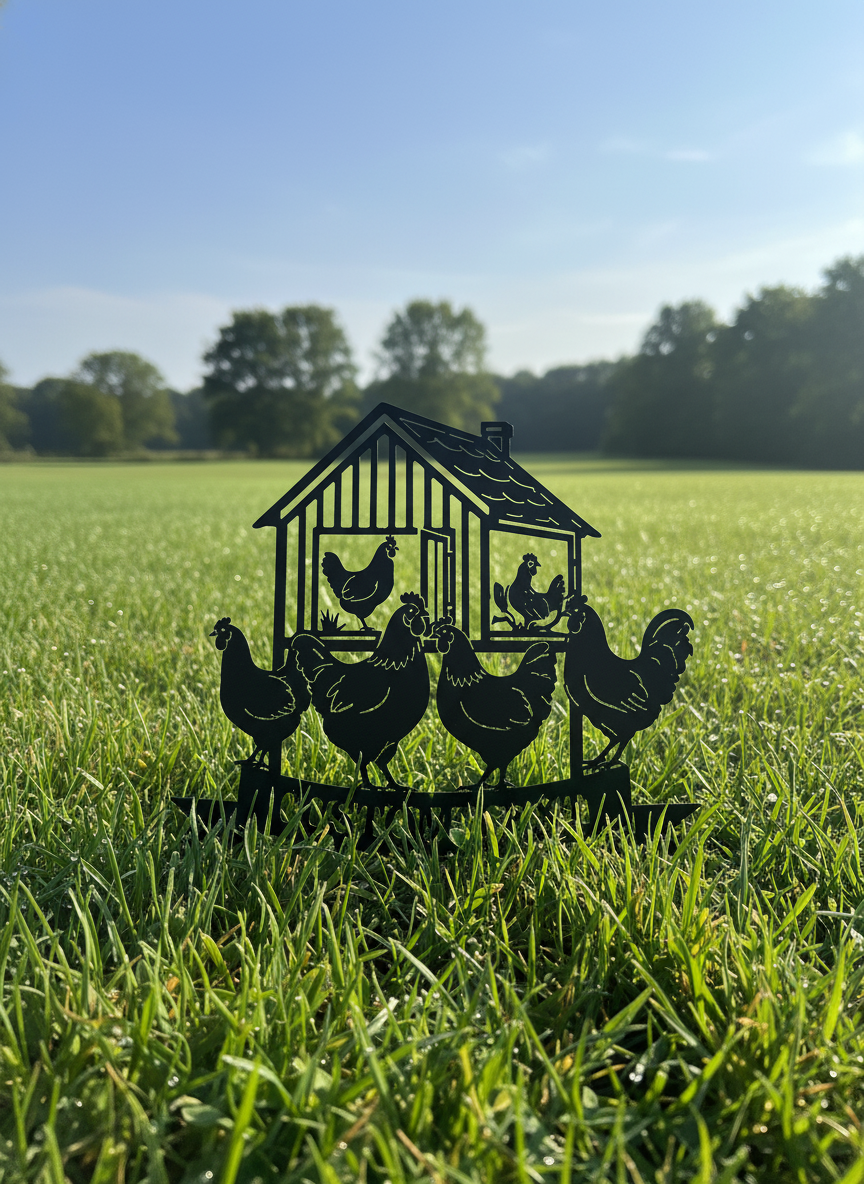 Personalisierter Gartenstecker Hühnerstall mit Hennen und Hahn aus schwarzem Stahl – Bild 10