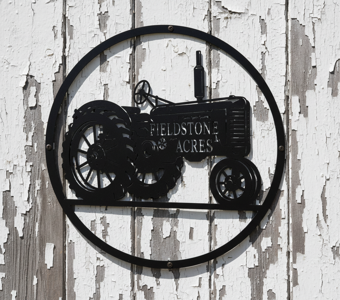 Personalisiertes rundes Hofschild mit Traktor und Hofname aus schwarzem Stahl – Bild 5