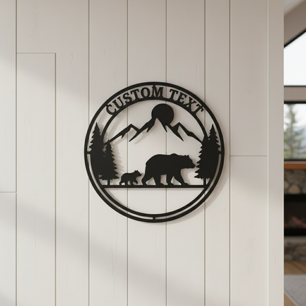 Personalisiertes rundes Familienschild mit Bärenfamilie, Bergen und Wald aus schwarzem Stahl – Bild 2